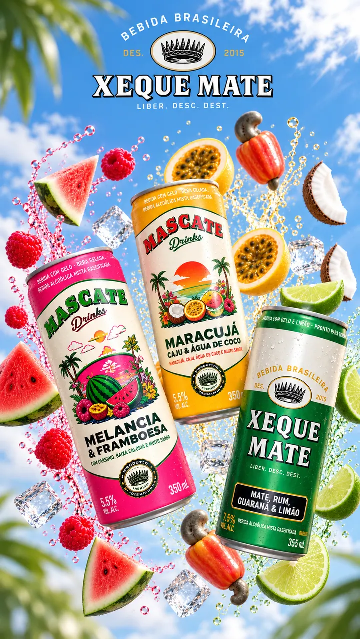Três latas — Mascate Melancia & Framboesa, Mascate Maracujá e Xeque Mate tradicional — voando entre frutas tropicais e gelo